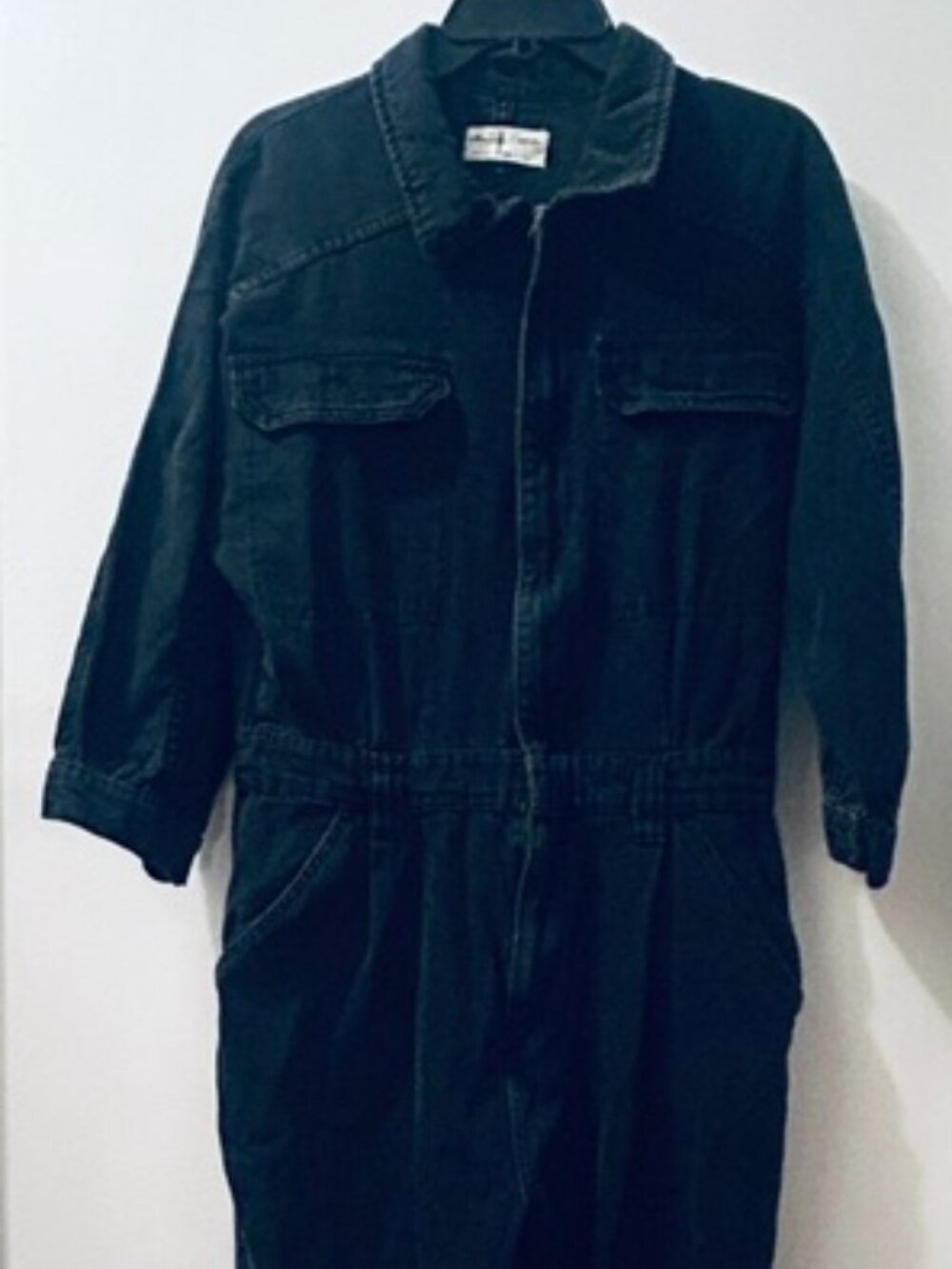 We The Free Free People Lush Black Denim Zip Front Flap Pocket Overall Jumpsuit